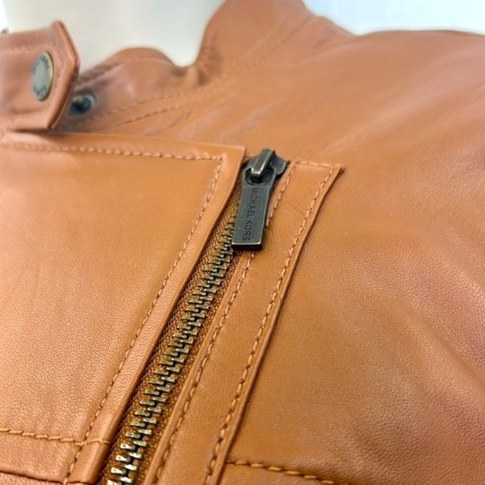 Michael Kors - Brown Leather Asymmetrical Zip Lined Long Sleeve Moto Jacket Med - Picture 7 of 12